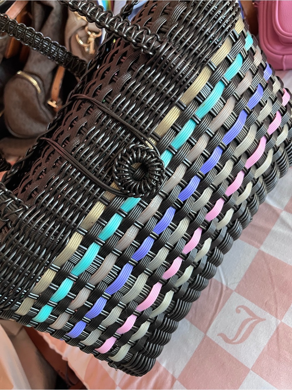 Woven Black Multicolor Accent Tote Bag
